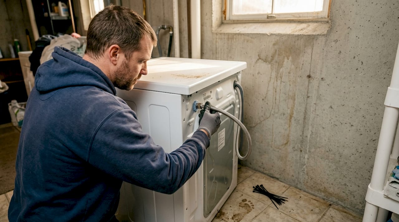 Person checks washing machine hose for leaks