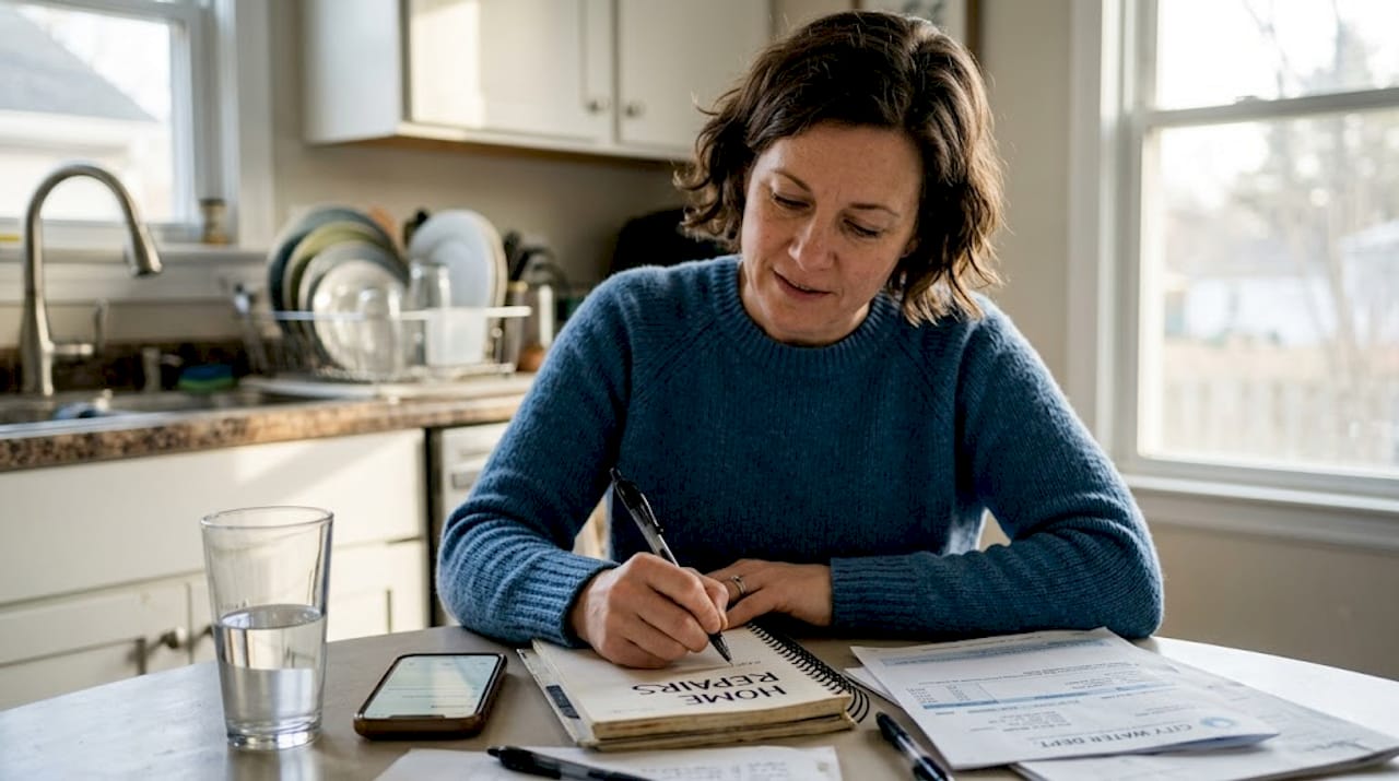 Homeowner planning plumbing inspection at table