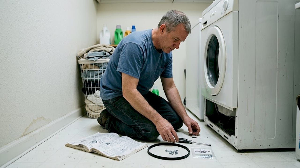 Man replacing washer part in laundry room