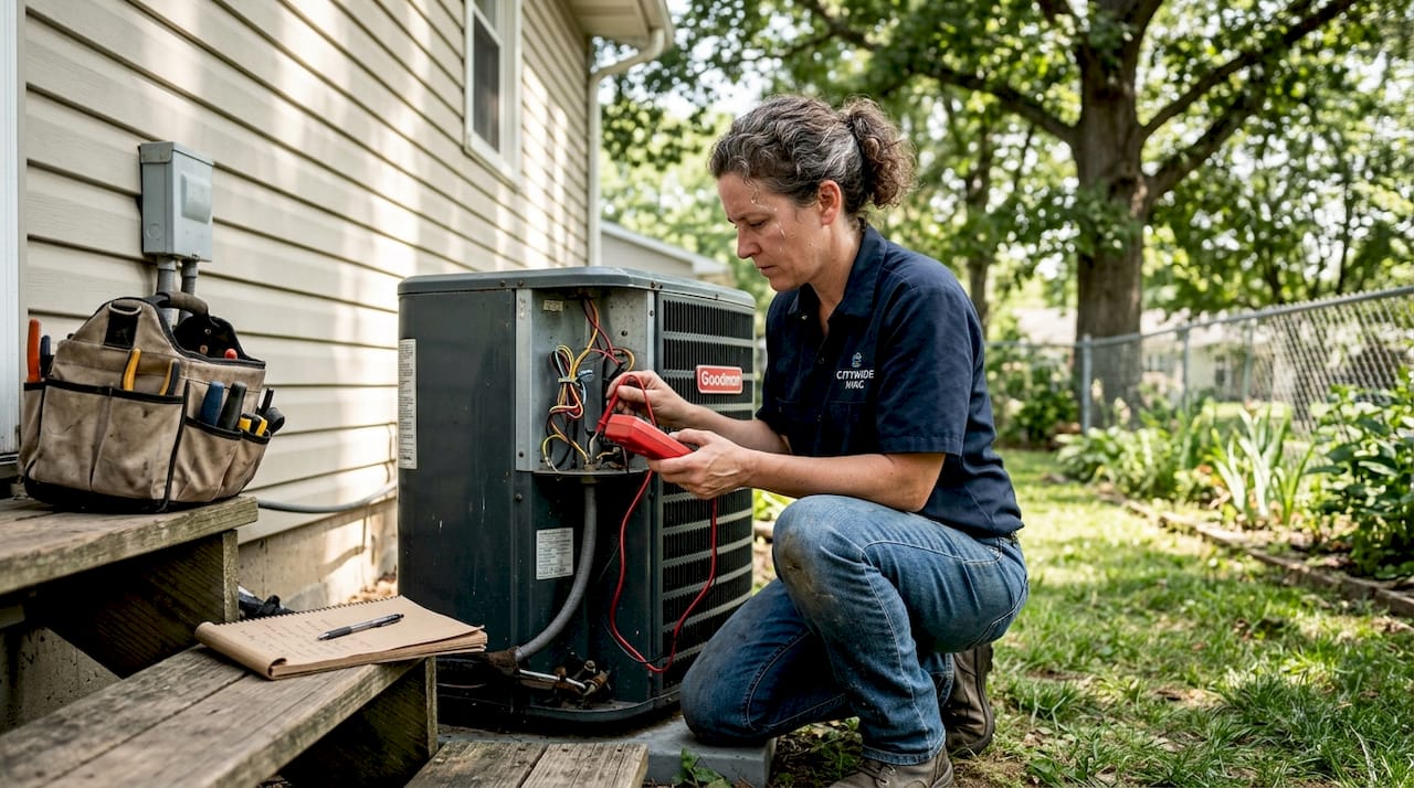 Technician diagnosing outdoor HVAC unit