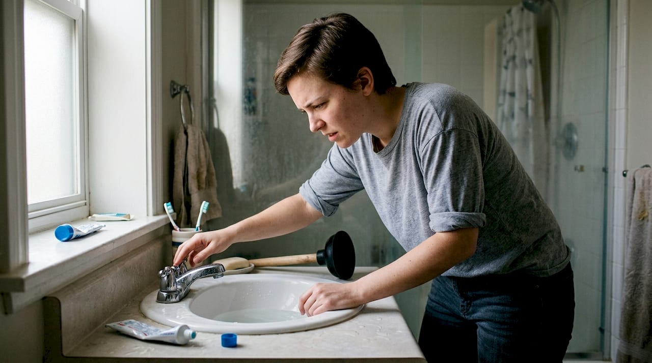 Person dealing with clogged bathroom sink