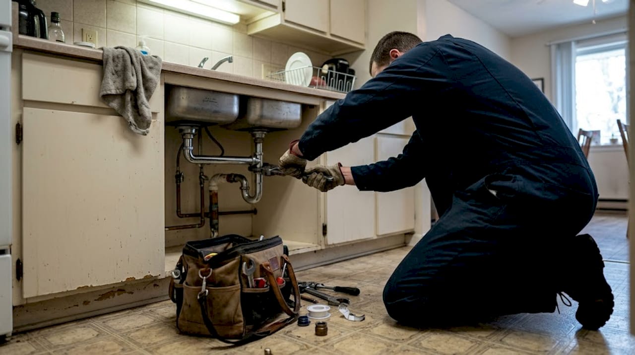 Plumber fixing apartment kitchen sink pipe