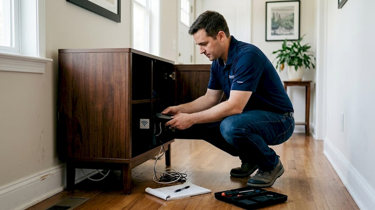 Technician setting up smart home hub router