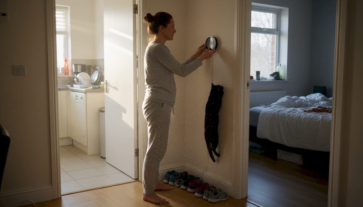 Adjusting smart thermostat in everyday home hallway