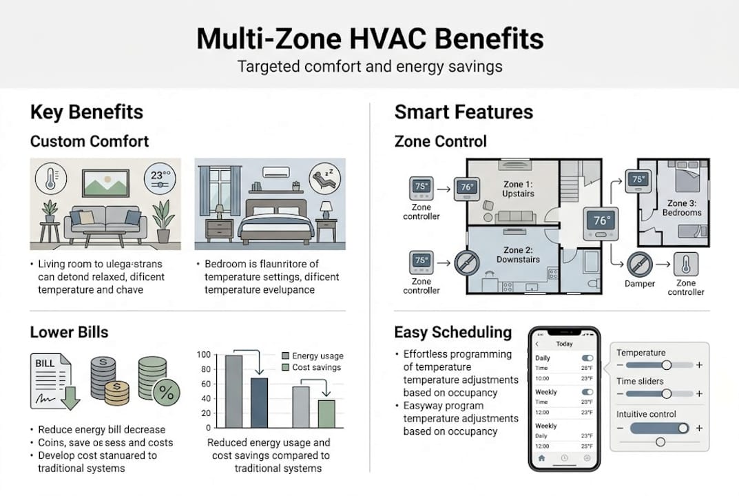 Infographic of multi-zone HVAC key benefits and features
