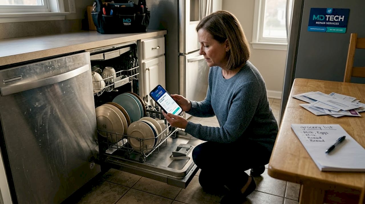 Woman checking appliance warranty coverage