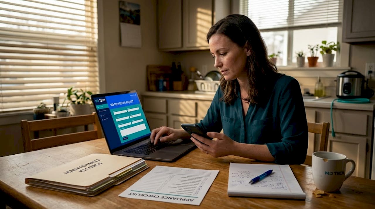 Property manager fills repair form at kitchen table