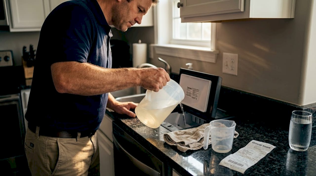 Man doing monthly ice machine vinegar rinse