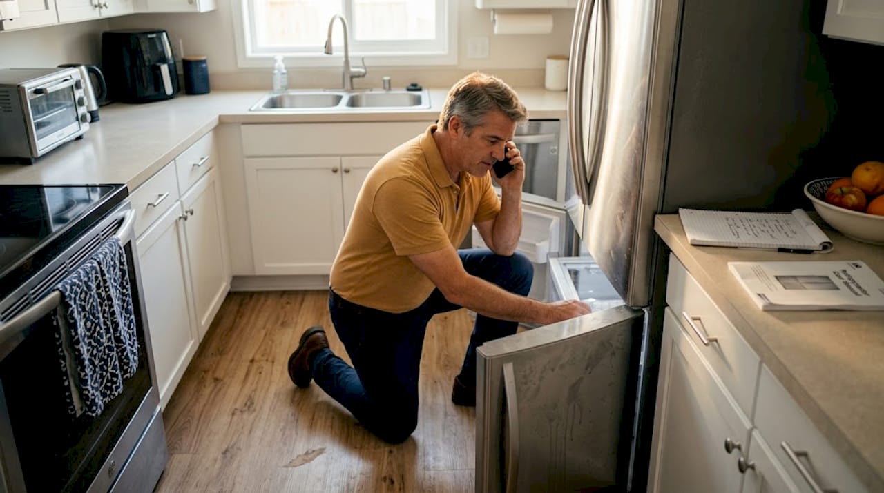 Homeowner troubleshooting fridge for service claim