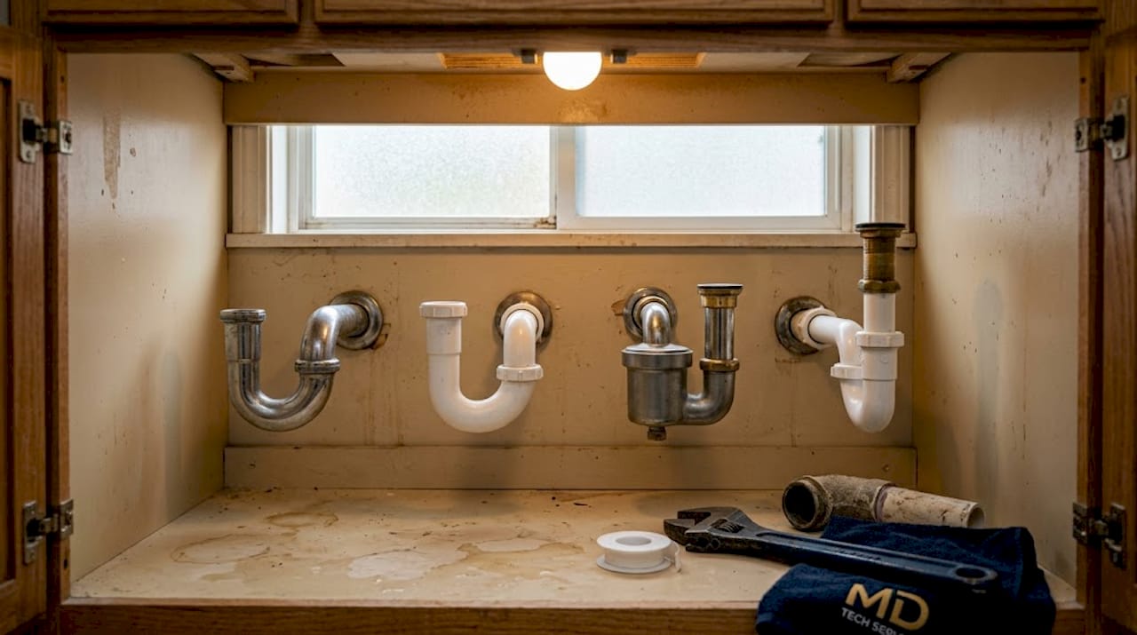 Four common plumbing traps under a bathroom sink