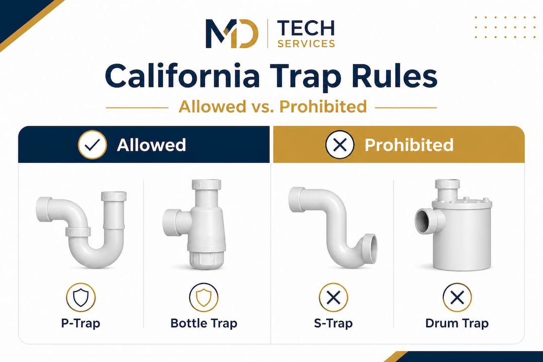 Infographic comparing allowed and prohibited plumbing traps in California