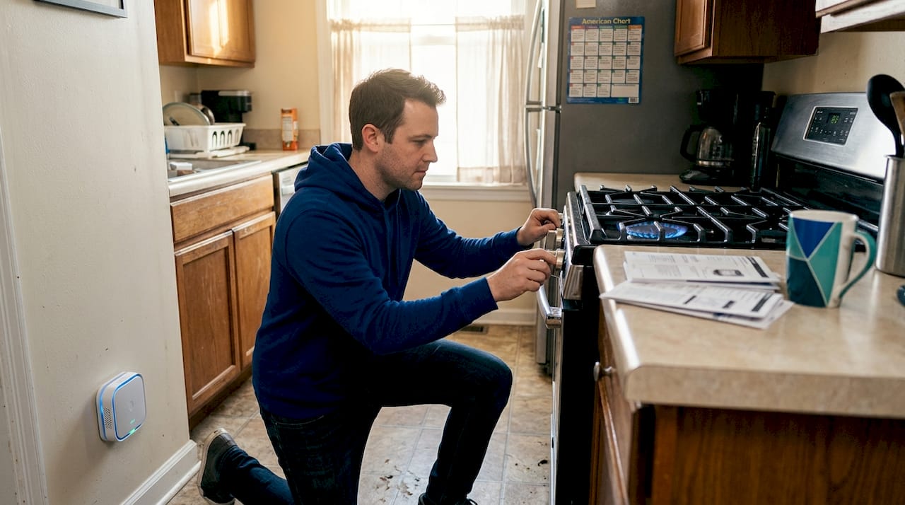 Homeowner checks gas stove and detector