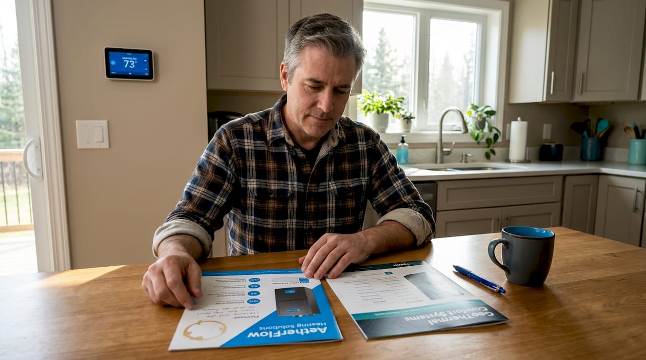 Homeowner reviewing furnace efficiency brochures