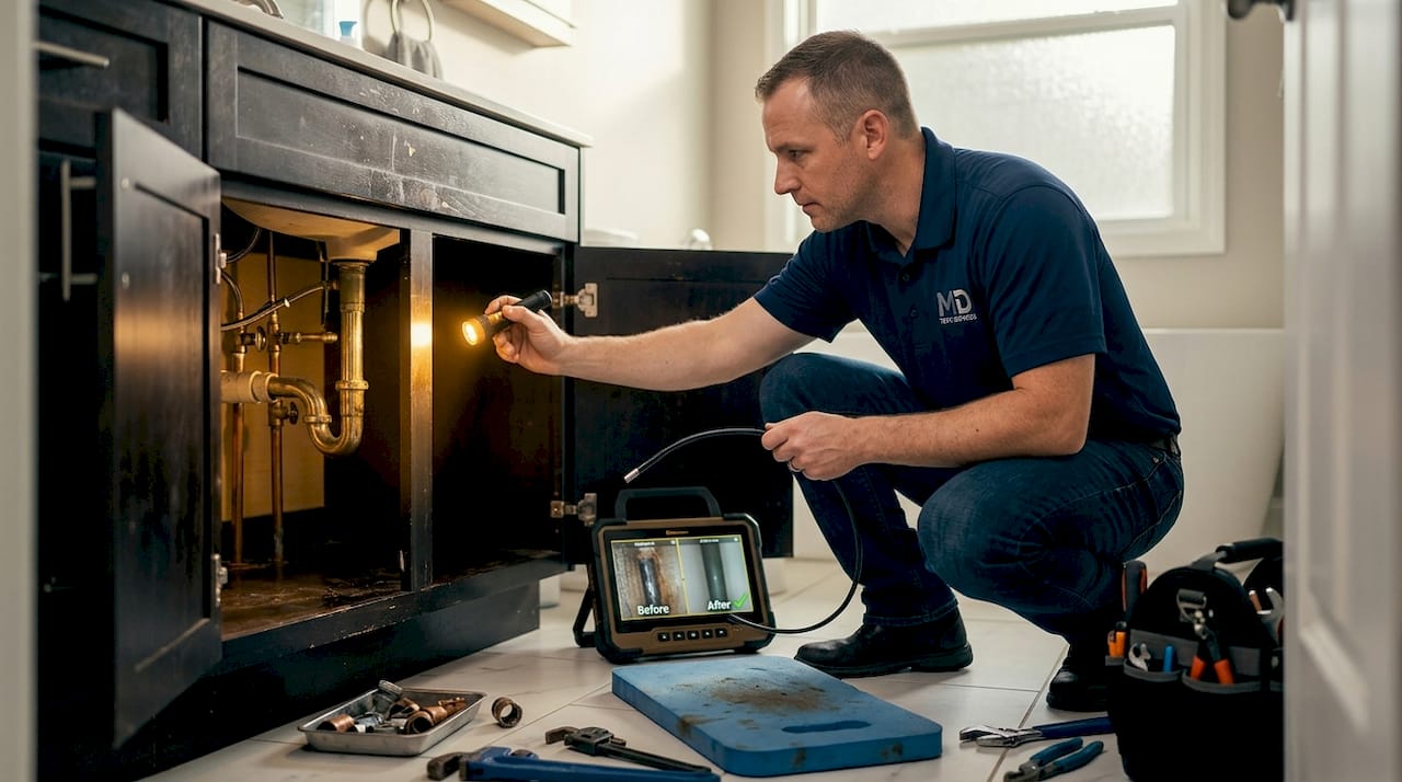 Plumber inspecting pipes with camera in bathroom