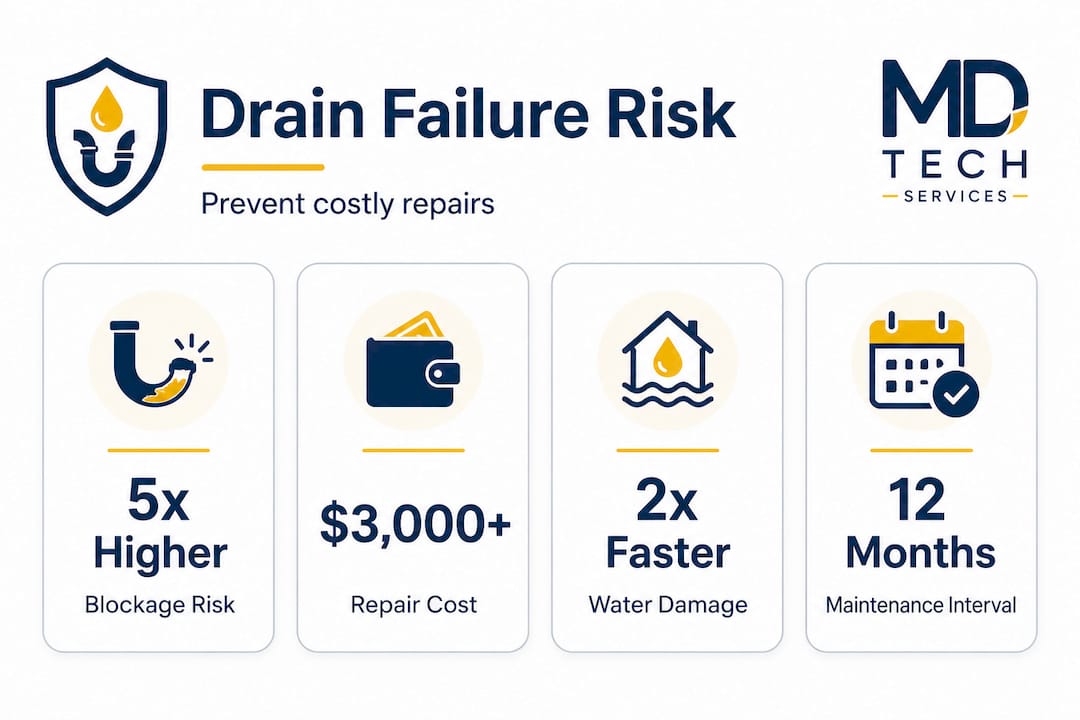 Infographic showing drain failure risks and stats