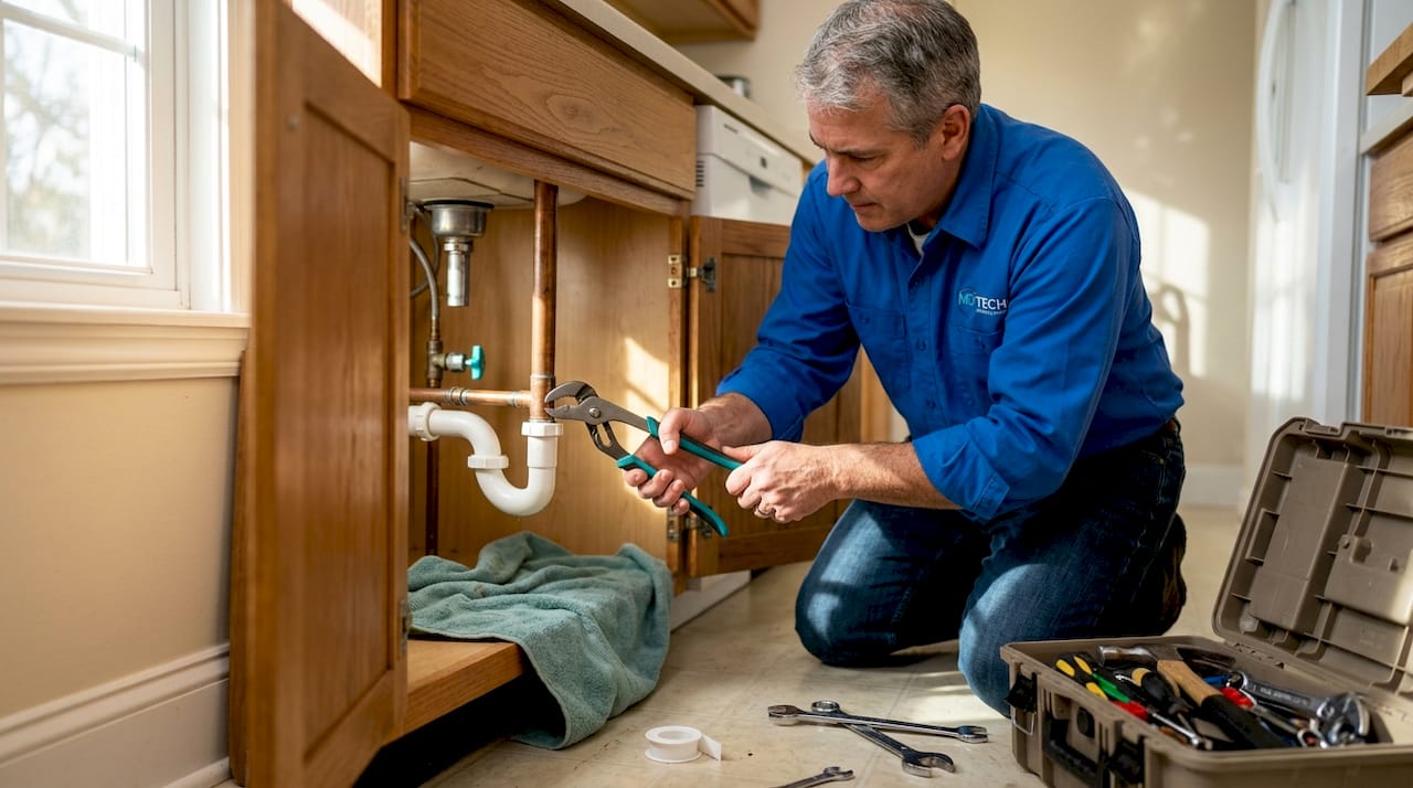 Homeowner repairing pipe under kitchen sink