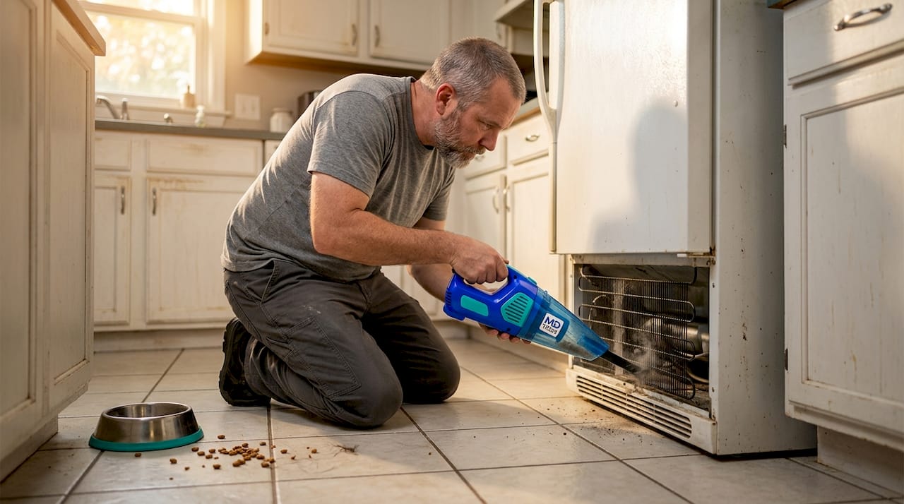 Man cleaning refrigerator coils in home kitchen
