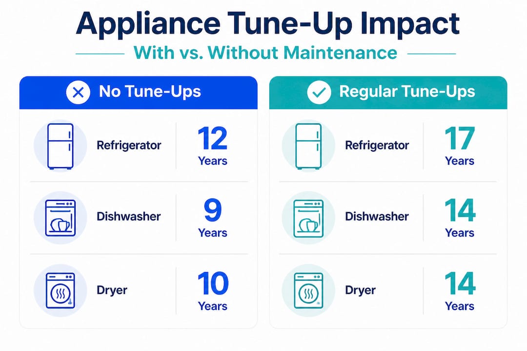 Infographic comparing appliance lifespans with and without tune-ups
