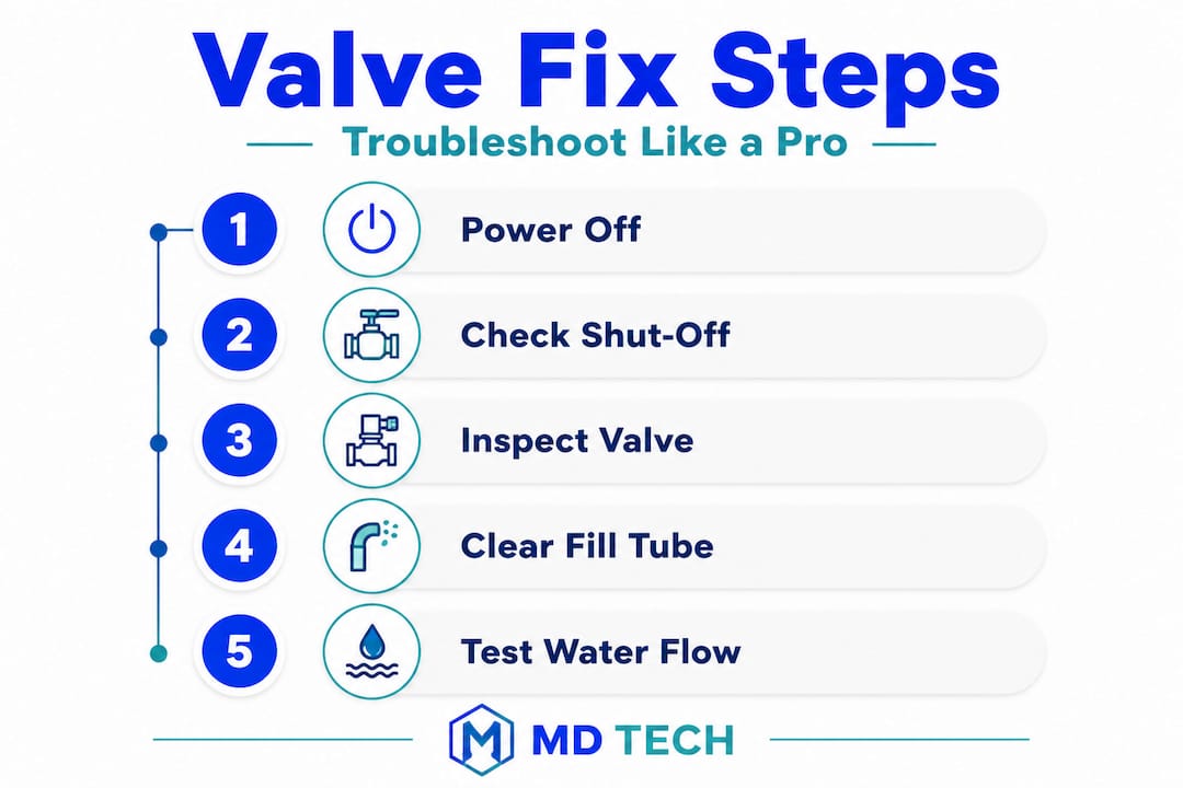 Infographic showing ice maker valve troubleshooting steps