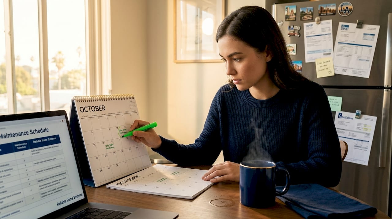 Woman marks water heater maintenance calendar