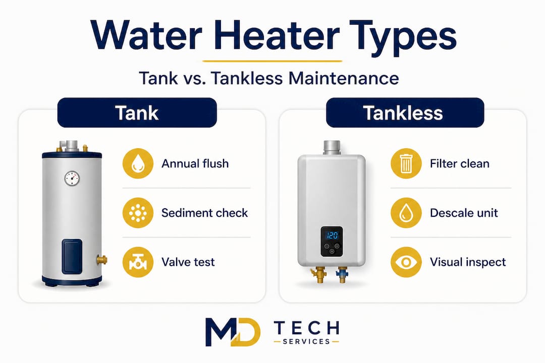 Infographic comparing tank and tankless maintenance
