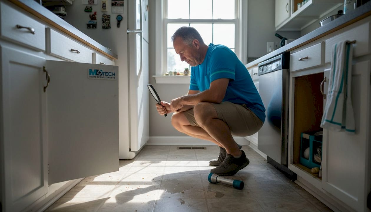 Homeowner inspecting under dishwasher for leak