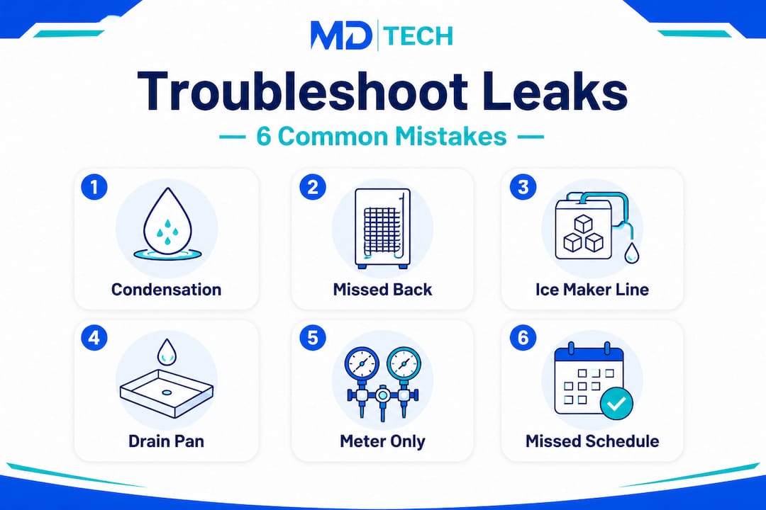 Infographic troubleshooting common appliance leak mistakes