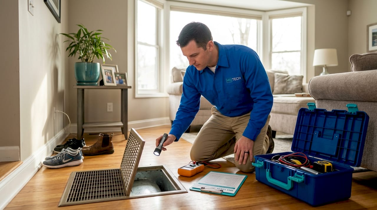 Certified HVAC technician inspects home floor vent