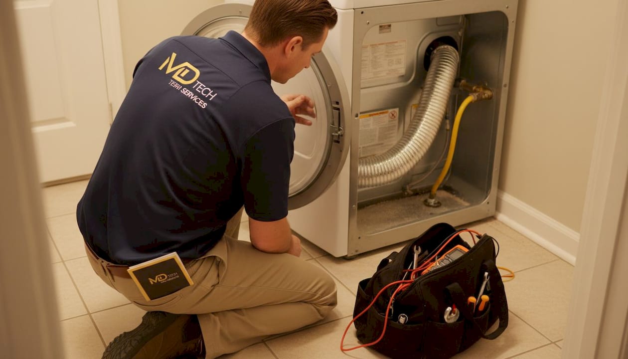 Technician inspecting gas dryer vent hose and line