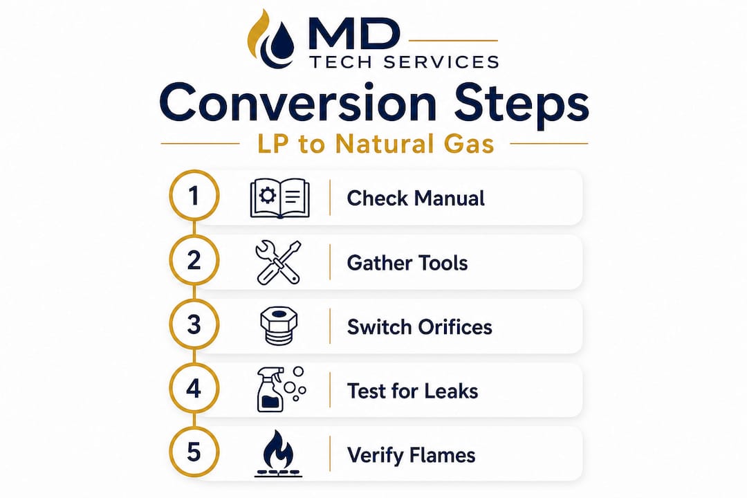 Infographic outlining LP to natural gas conversion steps