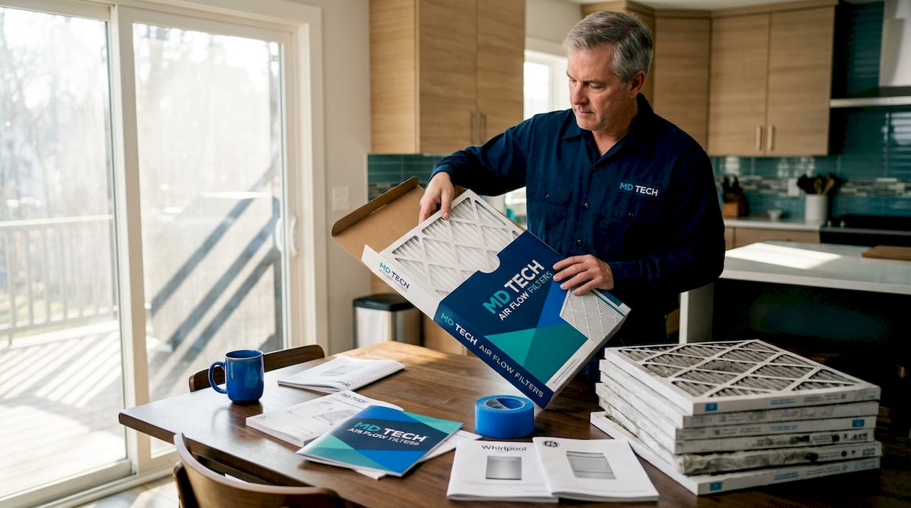 Replacing air filter at kitchen table with manuals and tools