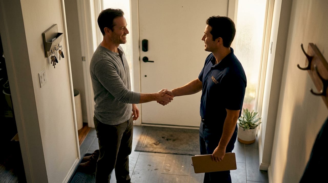Homeowner and technician shaking hands at entryway