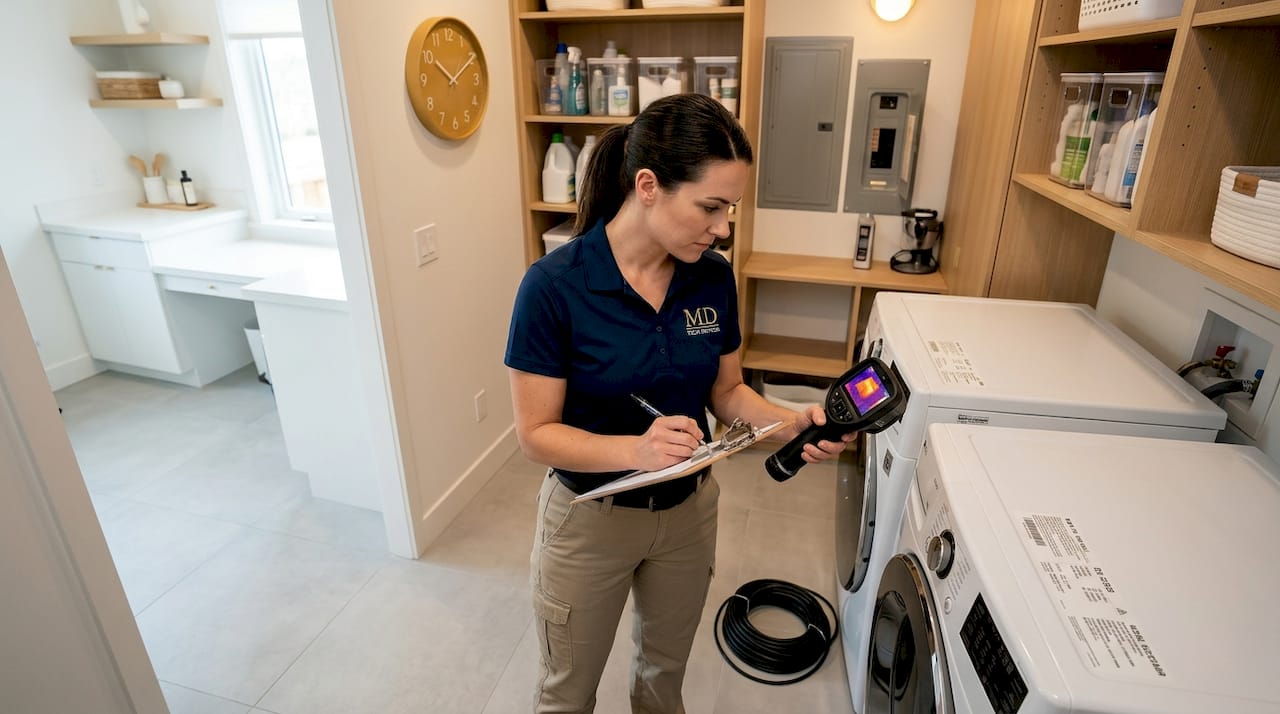 Technician inspects water heater with tools