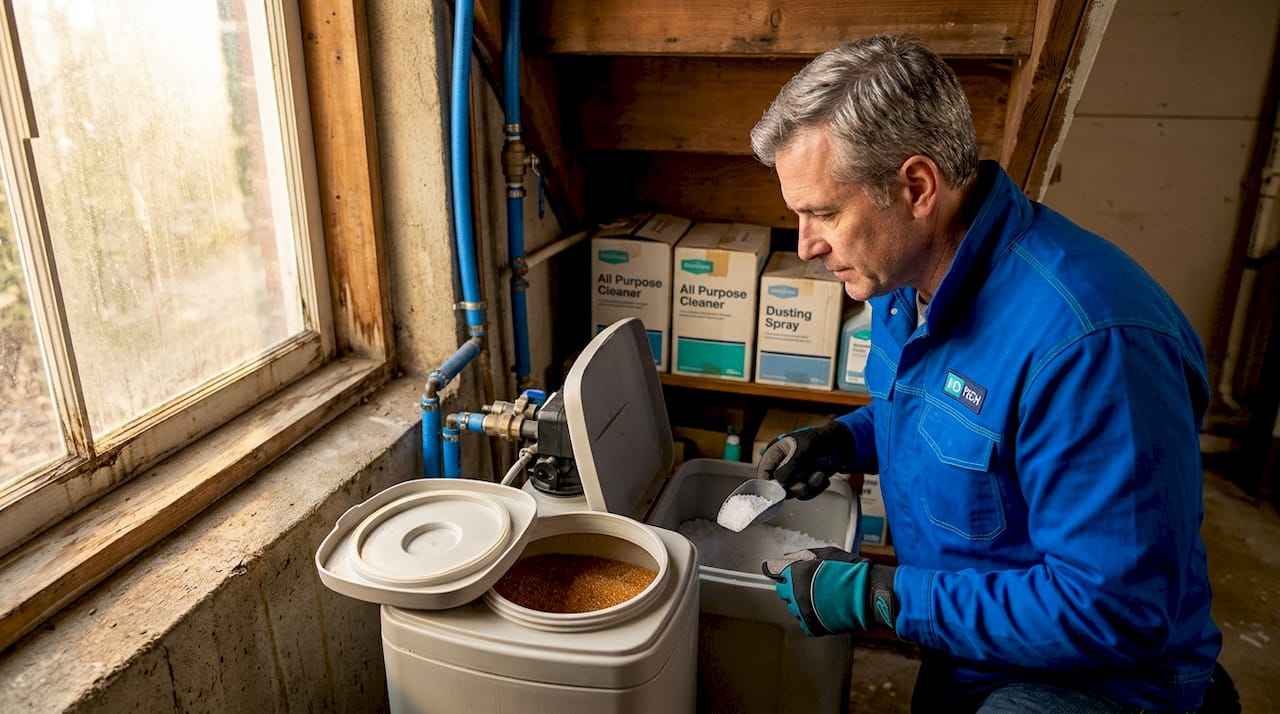 Homeowner checking water softener resin tank