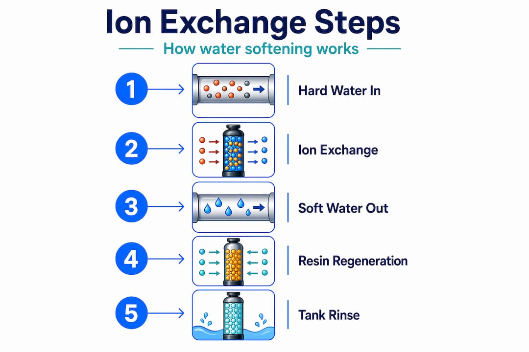 Infographic showing ion exchange steps in water softener