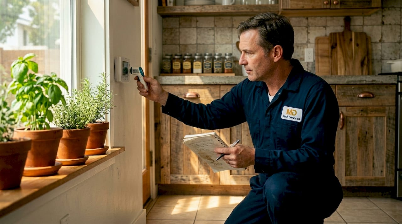 HVAC technician calibrating hallway thermostat