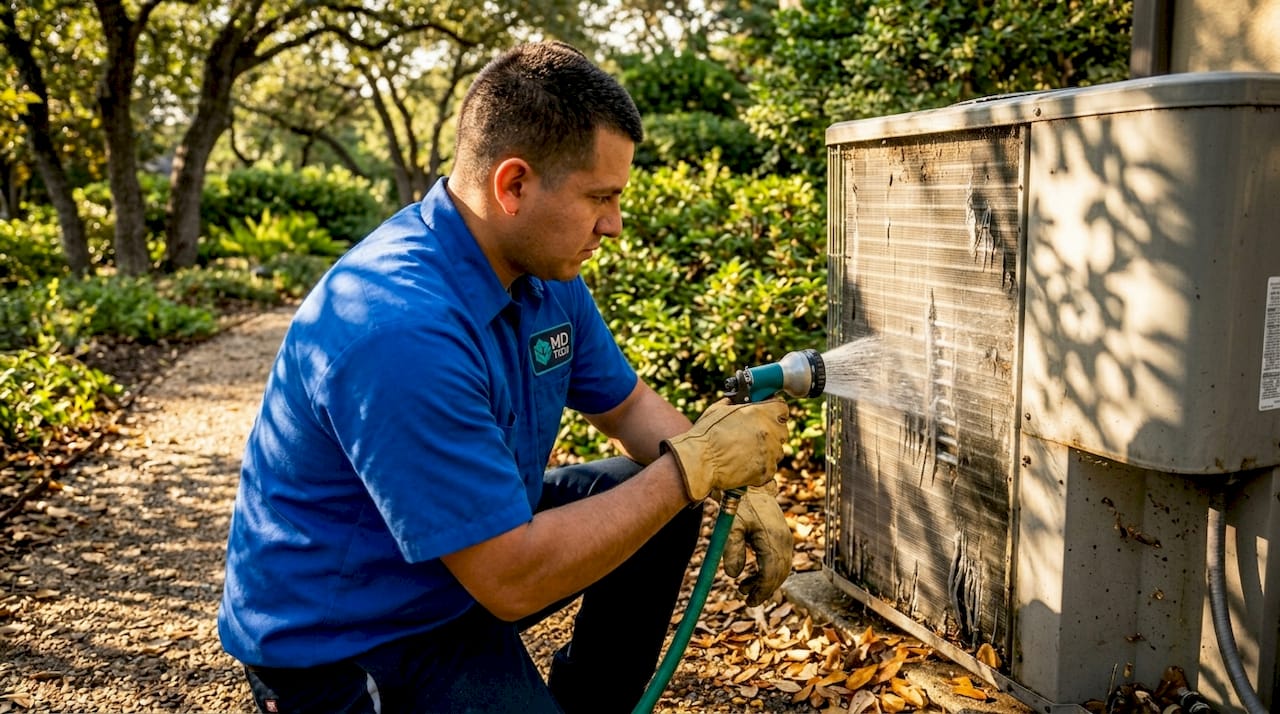 Technician rinsing dirty outdoor HVAC coils