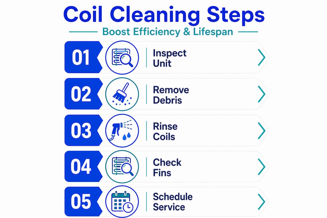 Infographic with five steps for cleaning condenser coils
