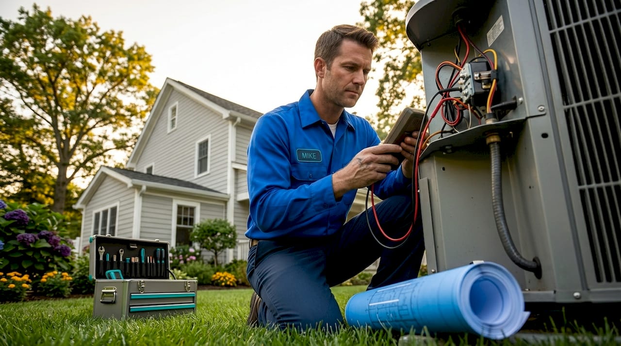 Technician tests outdoor AC compressor with multimeter