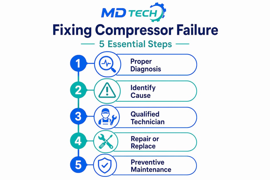 Infographic showing five key steps to fix compressor failure