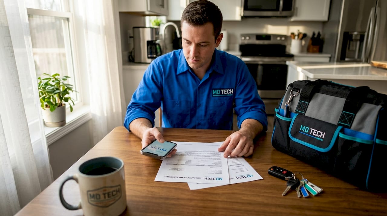Technician at kitchen table reviewing insurance paperwork
