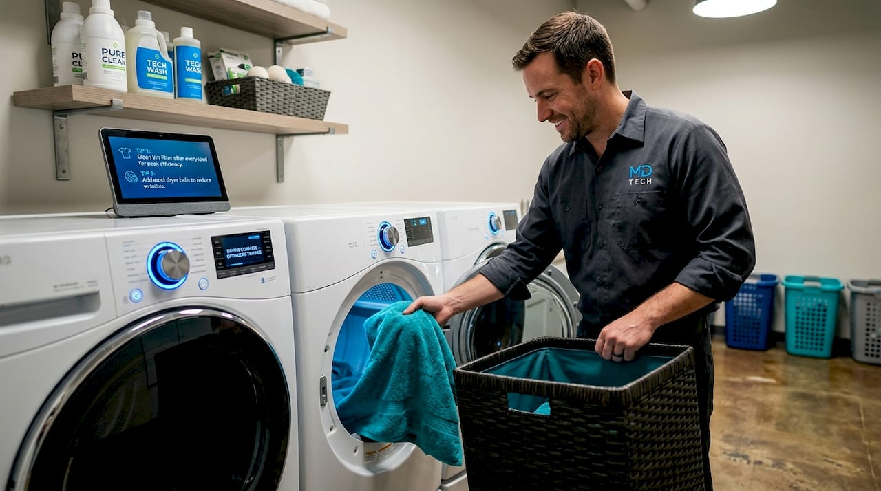 Man using smart dryer in sunny laundry room