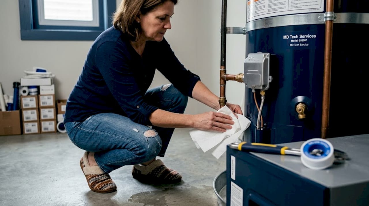 Homeowner checking for leaks near water heater