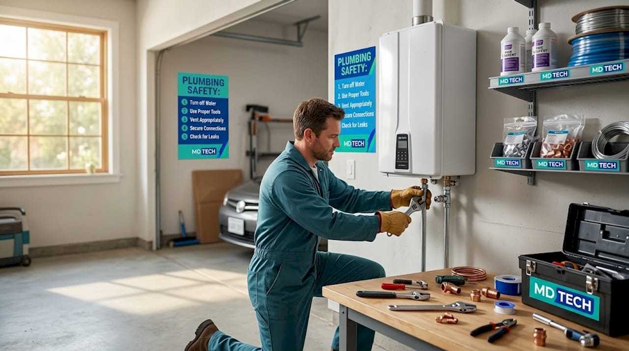 Plumber installing tankless water heater in home