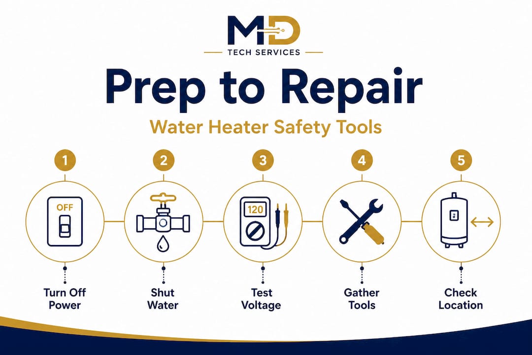 Infographic of water heater prep and safety steps