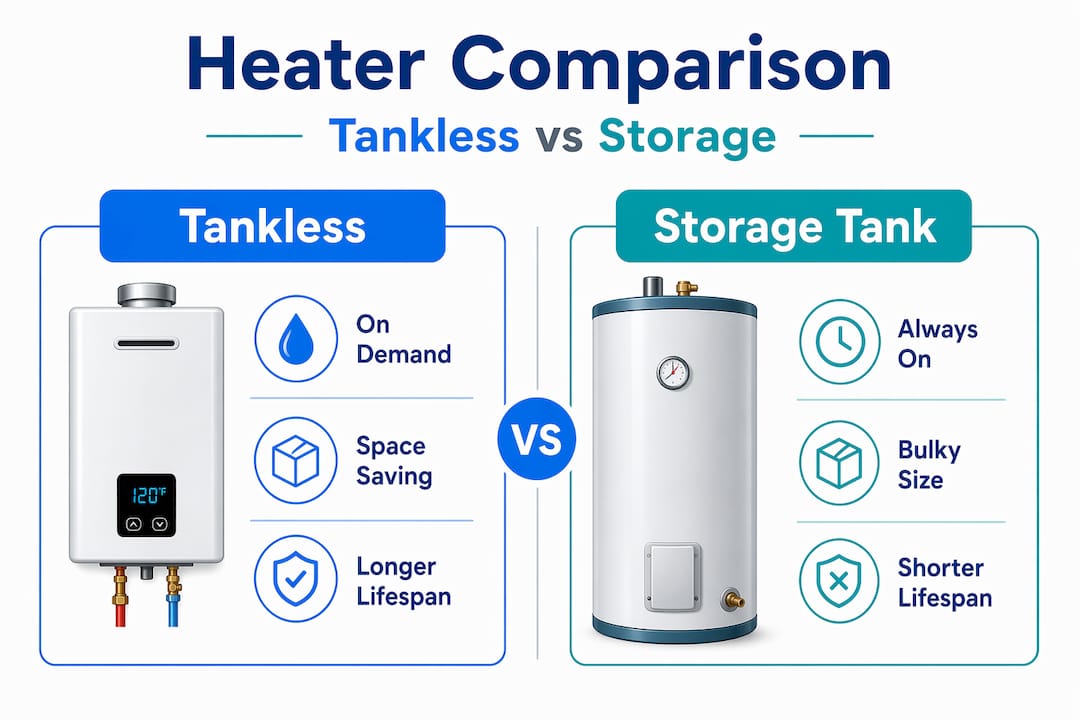 Infographic comparing tankless and storage water heaters
