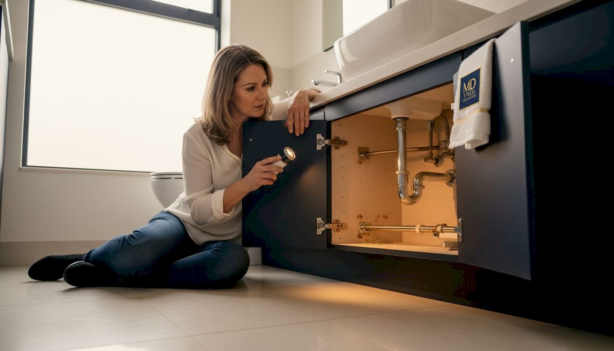 Person checking bathroom sink pipes for corrosion