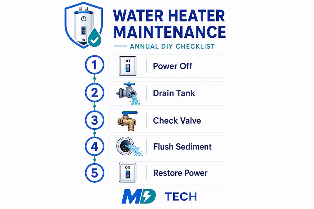 Infographic showing water heater maintenance steps