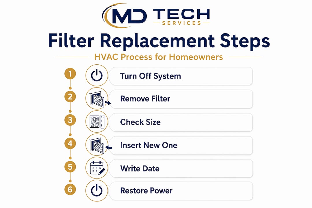 Infographic showing steps for replacing an HVAC filter