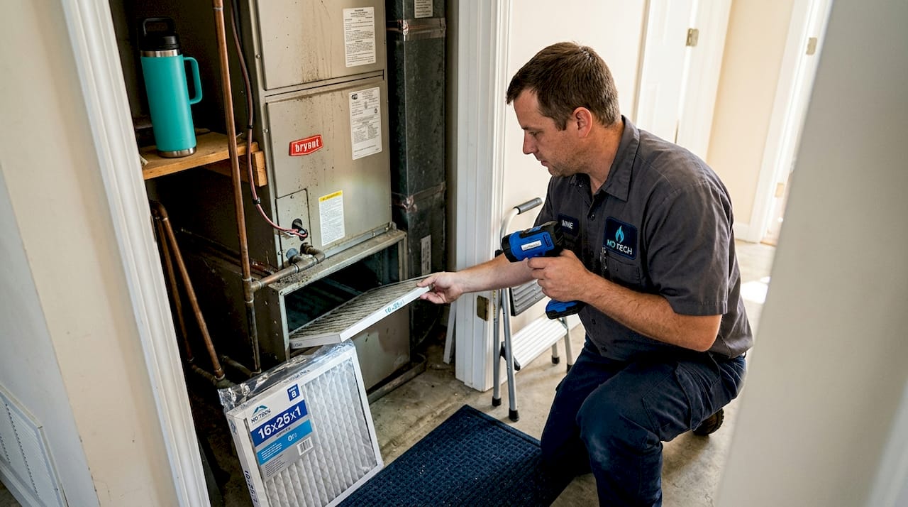 Technician inspecting air handler filter at home